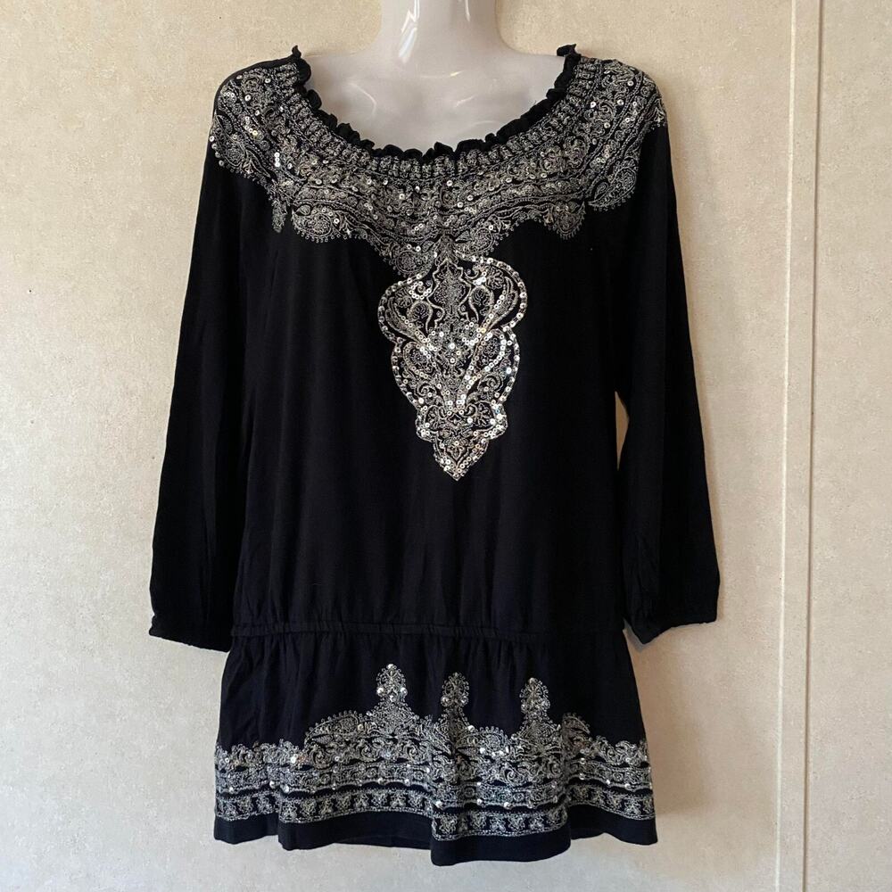 INC International Concepts Black Embroidered Long Sleeve Long Blouse Black Small